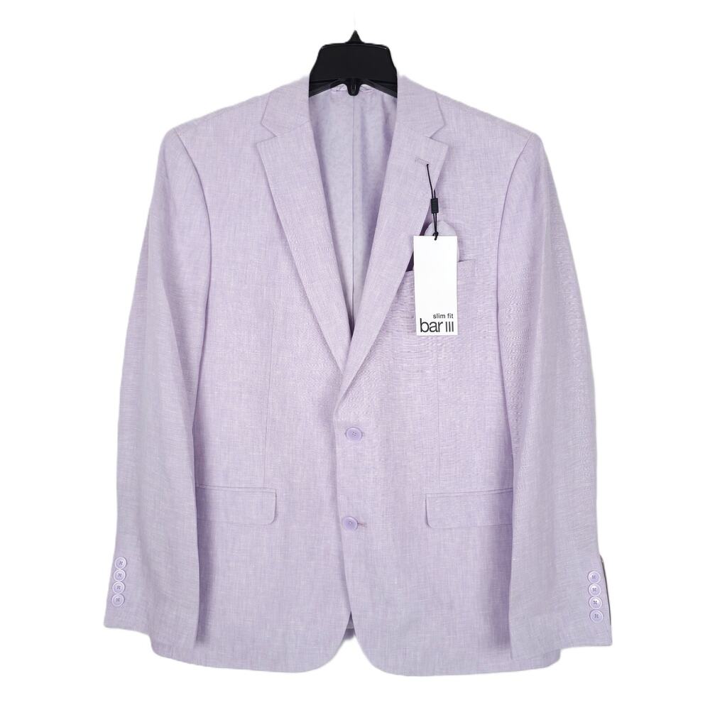 Bar III Mens Slim Fit Linen Sport Coat Blazer 40L Purple Lavender Solid NWT